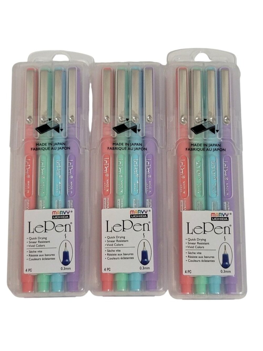 LePen Pastel Colors Fine Tip Pens 3 Sets Of 4 Quick Drying Smear Resistant